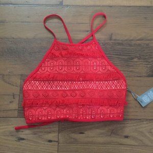 aerie Swim - NWT aerie Swim Coral Red Fringe Lace Halter Crop M aerie Swim - NWT aerie Swim Coral Red Fringe Lace Halter Crop M